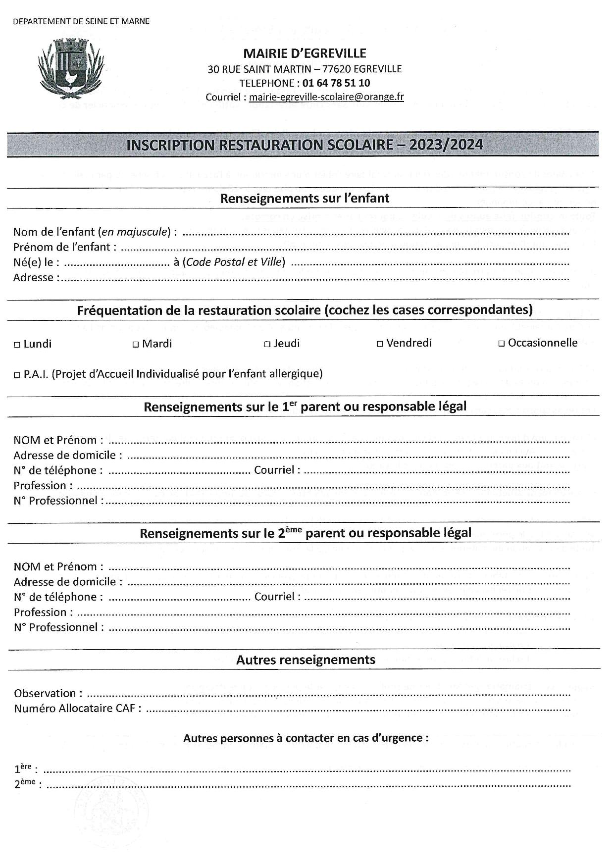 Formulaire restauration scolaire  -  PDF - 1 Mo